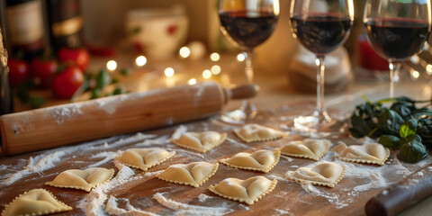 Homemade heart-shaped ravioli prepared on a floured wooden surface, surrounded by cheese, cherry tomatoes, and two glasses of red wine. Romantic Valentine's Day cooking scene in cozy kitchen