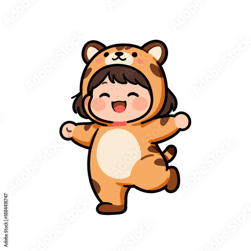 [Vector EPS]Cute little girl wearing a tiger costume and dancing happily
