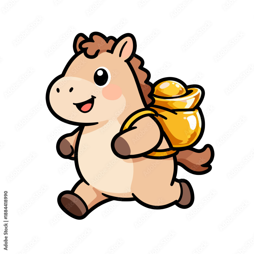 Obraz premium [Vector EPS]Cute cartoon horse carrying gold ingot running happily