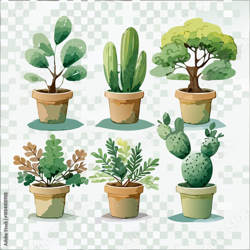 Grouped desert cacti and green succulents in stone pots for contemporary xeriscaping and low maintenance garden design