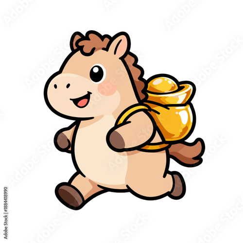 [Vector EPS]Cute cartoon horse carrying gold ingot running happily
