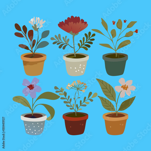 Elegant red and blue garden flowers in earthen pots for classic floral arrangements and traditional outdoor styling