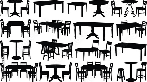 Collection of black table and chair silhouettes showing various dining furniture styles isolated on white background for restaurant, cafe, interior design concepts