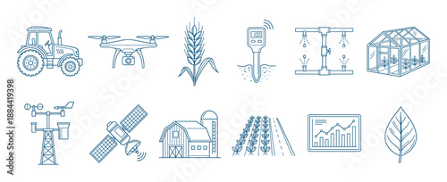 Set of smart farming line icons representing modern agricultural technology, including a tractor, drone, satellite, irrigation system, greenhouse, and data analytics chart