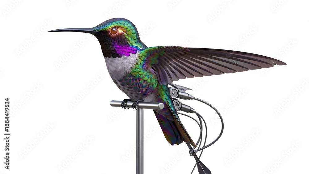 Obraz premium Close up of a vibrant hummingbird perched on a metal stand isolated on white background
