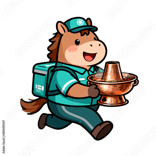 [Vector EPS]Cute cartoon horse delivery person carrying hot pot