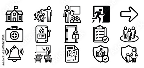 Collection of black outline vector icons for school safety and security, showing symbols for emergency evacuation, fire alarm, first aid, and lockdown procedures in a clean design