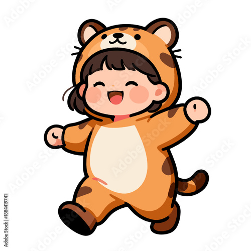 [Vector EPS]Cute little girl in tiger costume happily running