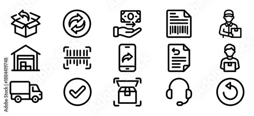 Collection of thin line icons for e-commerce returns and logistics, featuring symbols for delivery, shipping, warehouse, barcode scanning, refund, and customer service