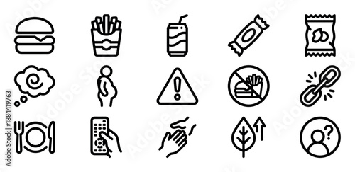 Collection of black line icons representing unhealthy eating, junk food, obesity, and sedentary lifestyle concepts for health and diet awareness in a minimalist vector style