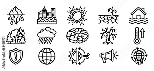 Set of black line icons representing climate change, global warming, natural disasters, and environmental issues like melting glaciers, city floods, drought, and forest fires