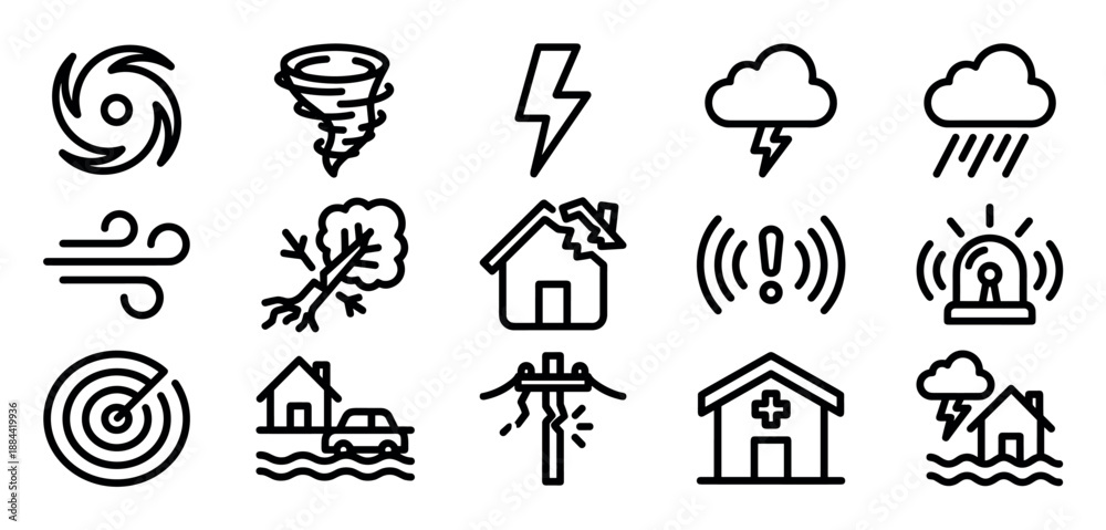 Fototapeta premium Set of natural disaster outline icons showing various weather emergencies like tornadoes, hurricanes, floods, and lightning strikes, including symbols for damage and safety alerts