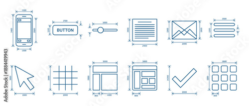 User interface design elements and icons shown as a technical blueprint with measurements for app and web development, including a phone, button, cursor, and layout grids