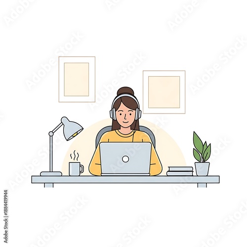 Woman working on laptop with headphones in a modern office setting.