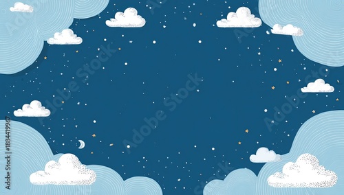 Whimsical night sky with fluffy clouds and twinkling stars