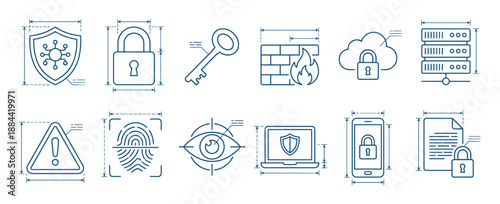 Cybersecurity and data protection icon set with technical blueprint style drawings of a shield, lock, key, firewall, cloud, server, fingerprint, and other security symbols