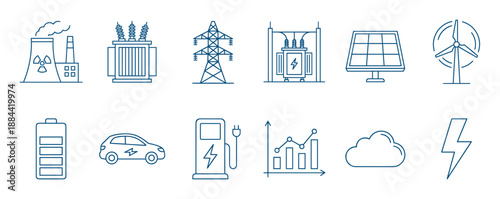 Set of blue line icons representing energy production, distribution, and consumption concepts like nuclear, solar, wind, and electric vehicles in a minimalist vector style illustration