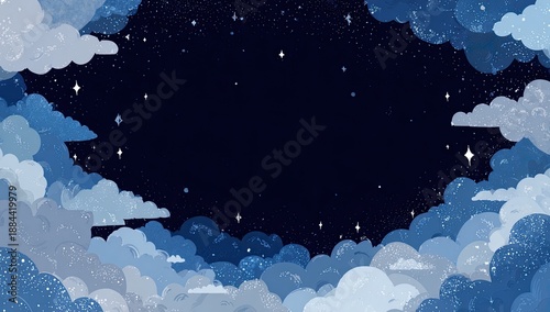 A dreamy night sky framed by soft, textured clouds sprinkled with distant stars