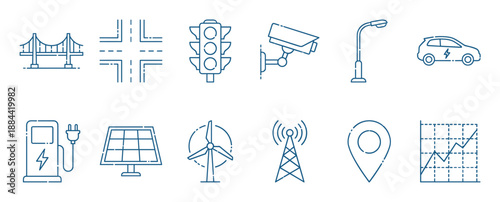 Smart city and urban infrastructure icon set with symbols for transportation, renewable energy, and technology, presented in a clean blue line art style for modern concepts