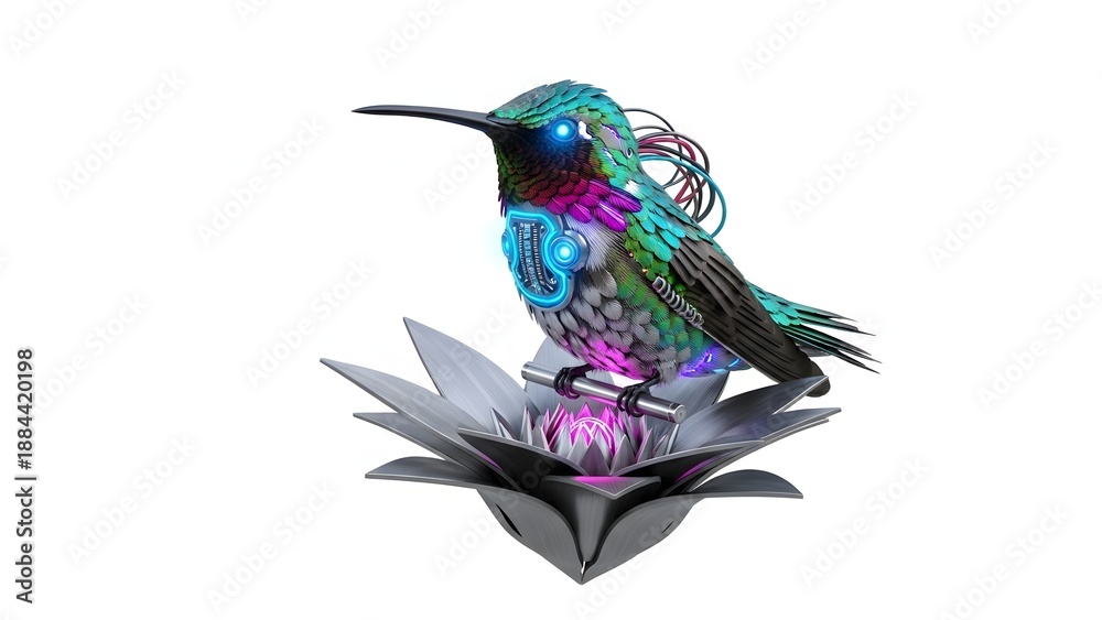 Naklejka premium Colorful metal hummingbird sculpture with solar lights on a lotus flower isolated on white background