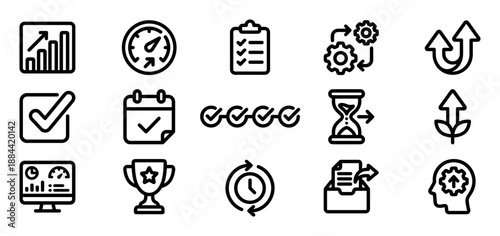 Set of black line icons representing productivity, efficiency, time management, and business growth, featuring a chart, clock, checklist, and trophy for workflow optimization