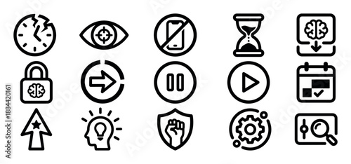 Set of black line icons representing productivity, focus, and time management concepts like willpower, digital detox, goals, and creative ideas for business and self-improvement