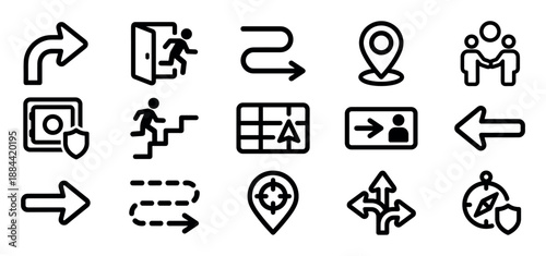 Diverse set of black linear icons for user interface design, featuring symbols for direction, location, security, escape routes, partnership, and various pathway choices