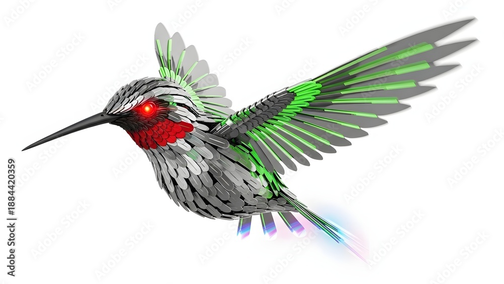 Fototapeta premium Mechanical hummingbird with iridescent green wings and red throat isolated on white background