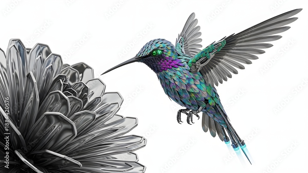 Obraz premium Hummingbird feeding on a flower isolated on white background