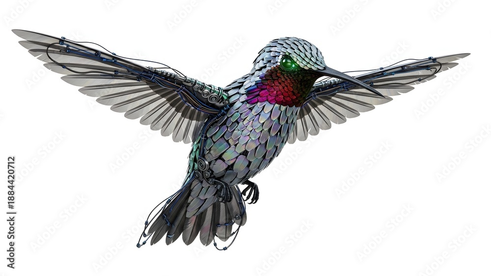 Fototapeta premium Close up of a colorful hummingbird in flight isolated on white background