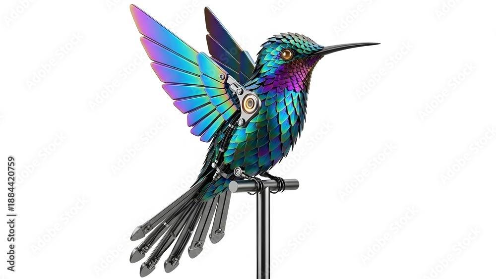Fototapeta premium Decorative metal hummingbird sculpture with iridescent wings isolated on white background