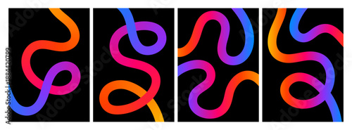 Modern abstract gradient squiggle lines set on black background, colorful fluid wavy curves, dynamic neon ribbon shapes, trendy minimal posters for branding, social media, wall art and creative design