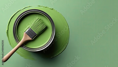 Overhead view of a paintbrush resting on a partially opened can of green paint