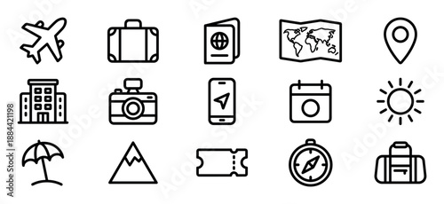 Collection of minimalist travel and tourism icons in a simple black outline style showing a plane, passport, luggage, map, camera, hotel, and other holiday symbols