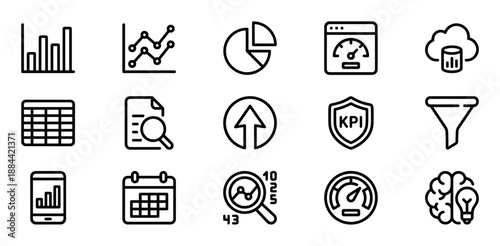 Set of fifteen black line icons for data analytics and business performance, featuring chart, graph, KPI, dashboard, and cloud database symbols