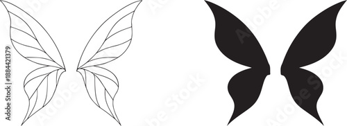 Elegant fairy wings outline vector in bold line art style for coloring book or tattoo.