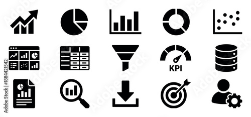 Collection of black data analysis icons representing business intelligence concepts like charts, graphs, a dashboard, KPI meter, database, and performance reporting symbols