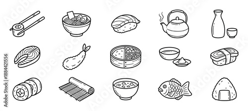 Set of Japanese food icons in a simple hand-drawn line art style, featuring traditional cuisine like sushi, ramen, tempura, onigiri, salmon, and a teapot for tea