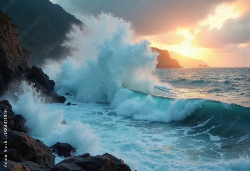 Fototapeta premium Dynamic Coastal Waves Churning Against Rugged Cliffs Sea Spray Energy