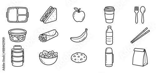 Set of black and white lunch icons featuring food, drinks, and containers like a sandwich, apple, salad, and bento box, illustrated in a simple hand-drawn doodle style