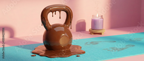 Kettlebell made of melting chocolate resting on blue yoga mat, fitness and indulgence balance, gym and wellness interior
