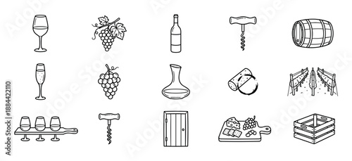 Set of hand-drawn wine-themed icons showing a glass, bottle, grapes, corkscrew, barrel, vineyard, cheese board, and decanter in a simple black and white line art style