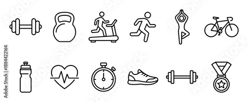 Versatile set of black outline icons depicting various fitness and athletic activities like weightlifting, running, yoga, and cycling, along with gym equipment and health symbols