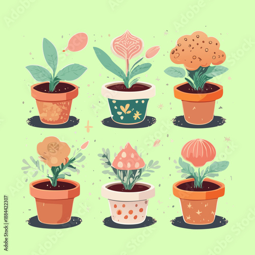 Set of spring blossoms and garden plants in orange pots for cheerful garden terrace and balcony