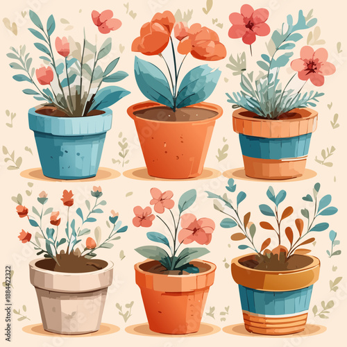 Set of orange and red garden flowers in terracotta pots for vibrant autumn garden and porch