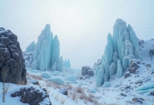 Frosty Periglacial Zone Conditions Near Glacial Highlands Characterized by Tundra Flora and Ice-bound Rocks