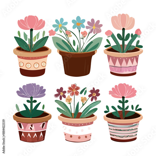 Set of pink and red garden flowers in patterned pots for vibrant patio and terrace decoration