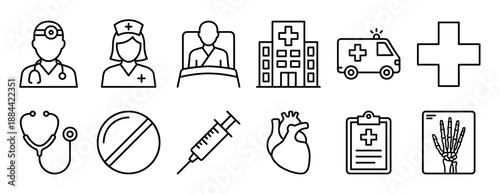 Set of medical and healthcare line icons showing a doctor, nurse, patient, hospital, ambulance, stethoscope, syringe, pill, heart, x-ray, and clipboard for health services