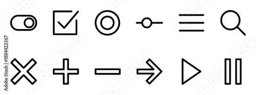 Collection of essential user interface icons in a clean black outline style, featuring common symbols for web and app navigation like search, menu, play, pause, and a toggle switch