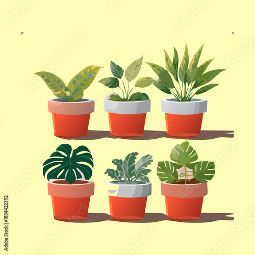 Set of green leafy plants and garden shrubs in yellow pots for modern minimalist garden design